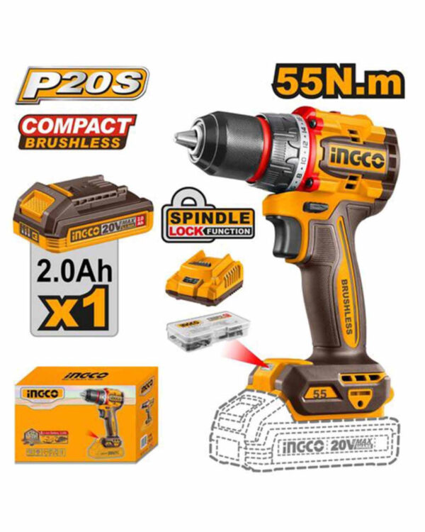 Cordless Drill 20V 55Nm + Battery - P1C5 Ingco - CDLI205582