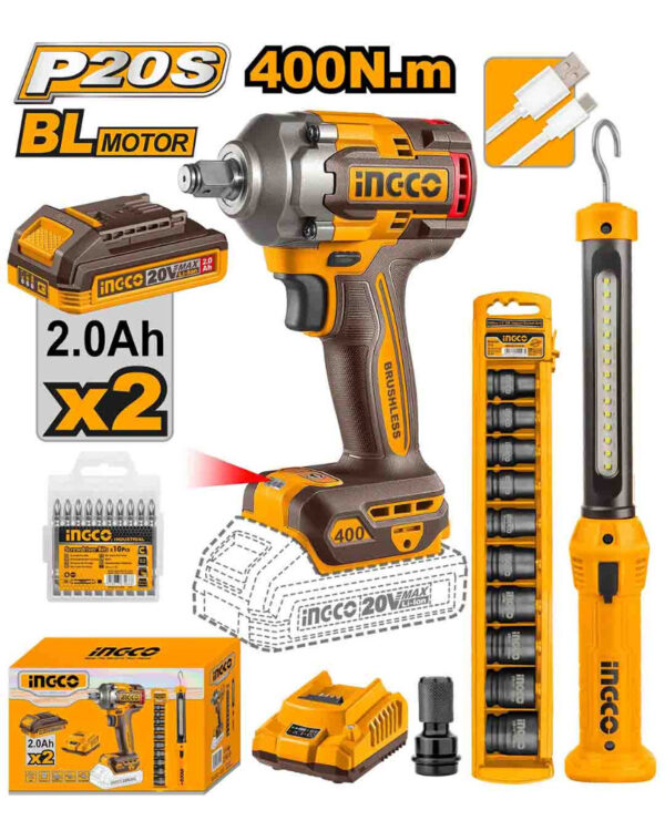 Cordless Impact Wrench 20V 400Nm + 2 Battery + Socket Set + Work Lamp - P1C4 / COSLI23048