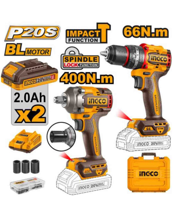 Cordless 20V impact drill 66Nm + impact wrench 400Nm + 2 Battery - P1C4 / CKLI20275