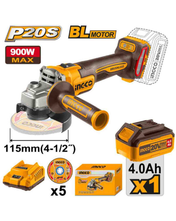 Cordless angle grinder 20V 900W 4.5" + Battery - P1C6 / CAGLI261521