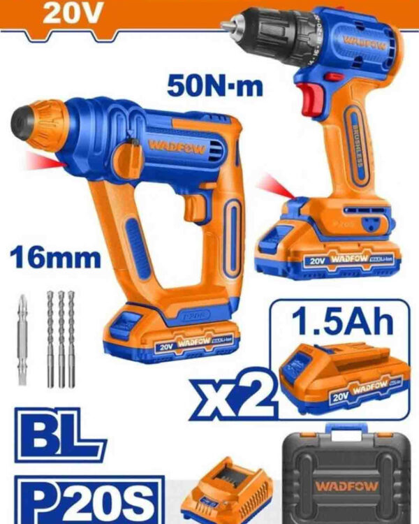 Cordless 20V Drill 50Nm + Rotary Hammer 16mm + 2 Battery (WOS240681) Wadfow