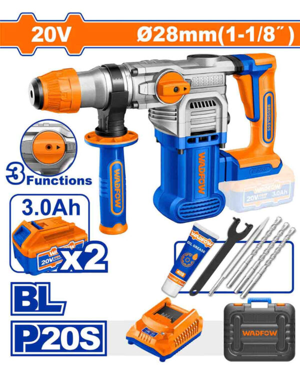 Cordless rotary hammer 28mm 20v + 2 3Ah Battery + charger (WLM1B282)  Wadfow