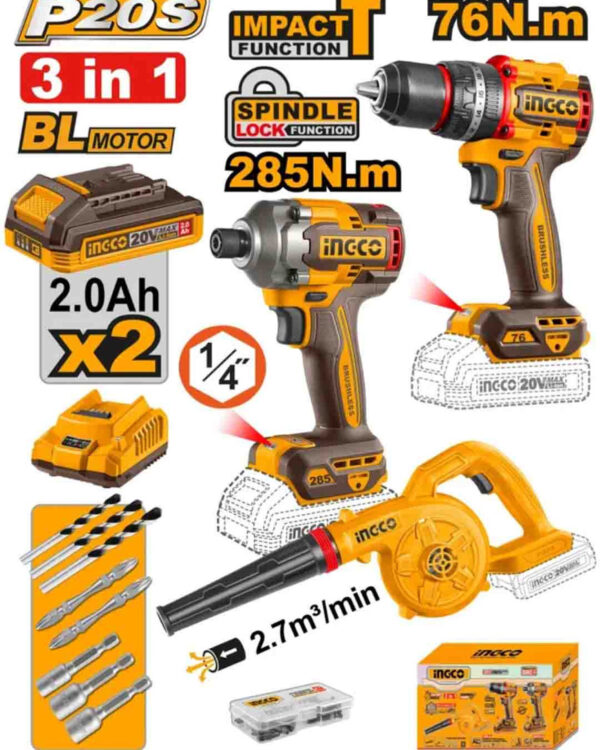 Cordless 20V Impact  Drill 76Nm + Impact  Driver 285Nm + Blower  + 2 Battery - COSLI250182