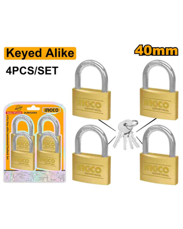 4Pcs key-alike brass padlock set 40mm - C24 (DBPLK4402) Ingco