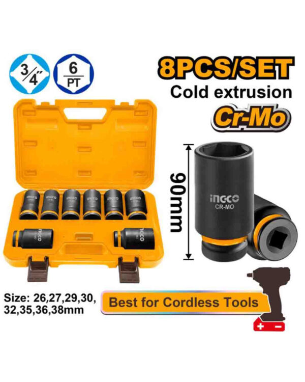8 Pcs 3/4"DR. deep impact socket set - P1C2 (HKISSD34082L) Ingco