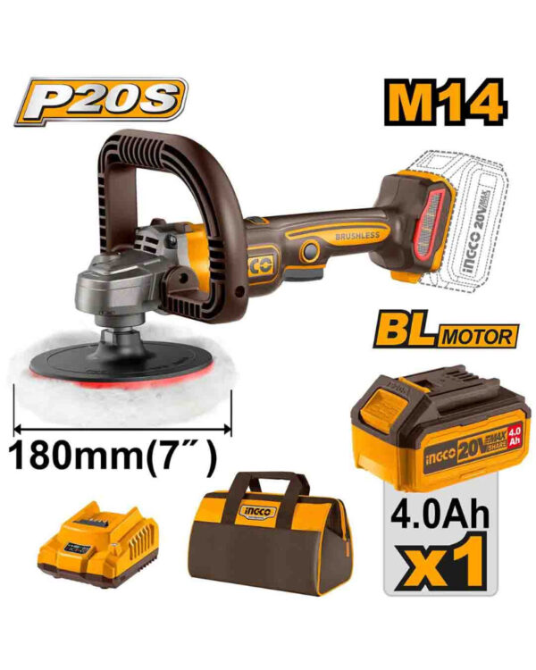 Cordless polisher 7" 20V + Battery -P1C4 (APLI20181) Ingco