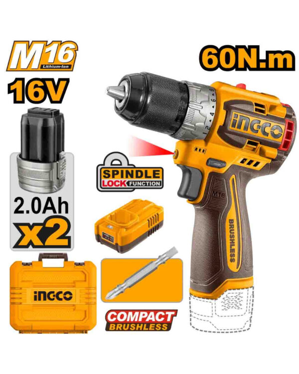 Compact brushless cordless drill 16V 60Nm + 2 Battery - CDLI16682