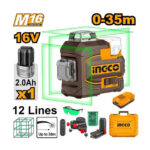 Cordless 3D laser level green 16V 35m 12 lines + Battery - P1C4 (HLL301201) Ingco