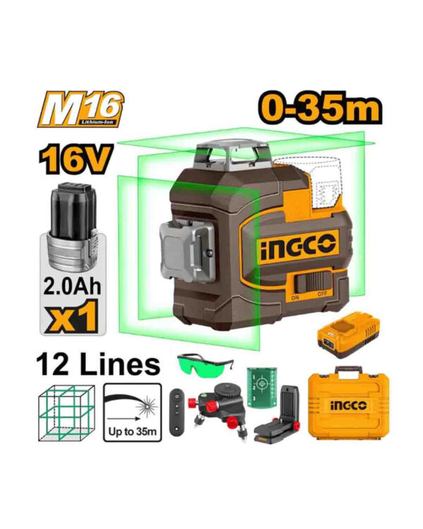Cordless 3D laser level green 16V 35m 12 lines + Battery - P1C4 (HLL301201) Ingco