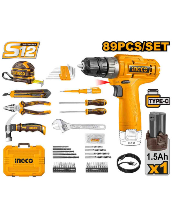 89 Pcs Tools set with 12V cordless drill - P1C5 (HKTHP10891) Ingco