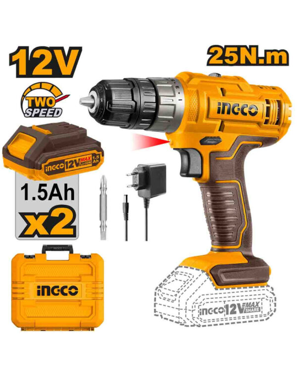 Cordless drill 12V + 25Nm + 2 Big Battery - P1C5 (CDLI1228) Ingco