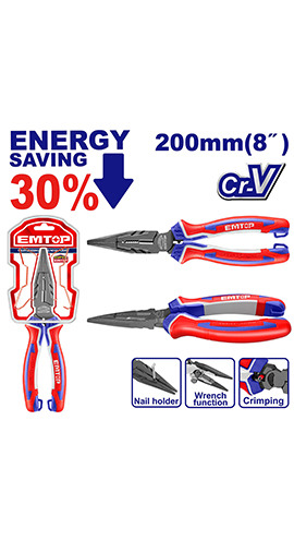 High leverage long nose pliers 8" (EPLRL0821) Emtop
