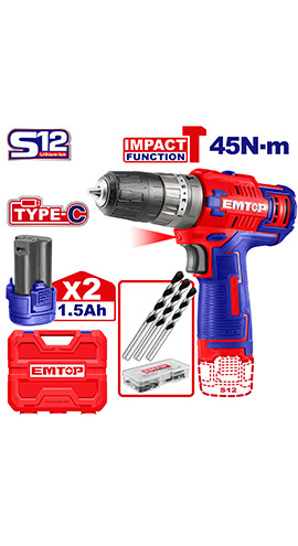 Cordless impact drill 45N-m (ECIDL12620) Emtop