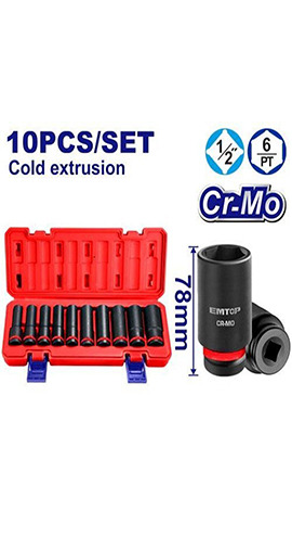 10 Pcs 1/2" deep  impact socket  set -  EMSS12102L