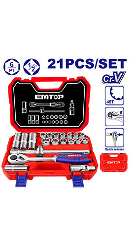 21 Pcs 1/2" Socket set (ESKT12211) Emtop