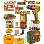 Ingco Cordless Drill 76Nm + 2 Battery + laser Level 35 + Distance Detector 70m - COSLI250511