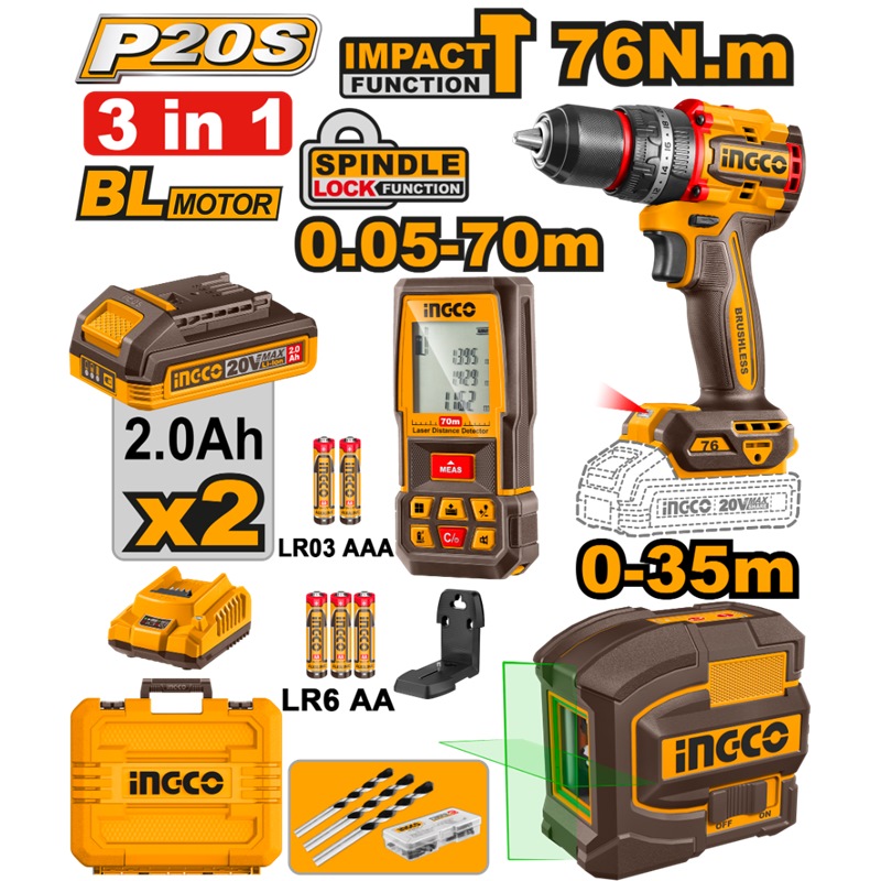20250916092358EXI4OJ89336708_700 Ingco Cordless Drill 76Nm + 2 Battery + laser Level 35 + Distance Detector 70m - COSLI250511 - Image 1