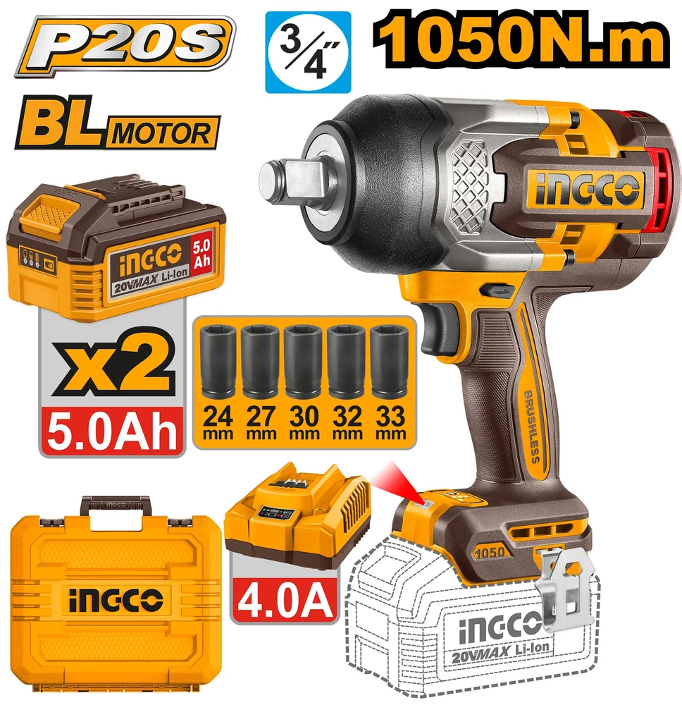 ciwli20105-1000x1000-1 Ingco 3/4" Cordless Impact Wrench 20V 1050N.m - CIWLI20105 - Image 1